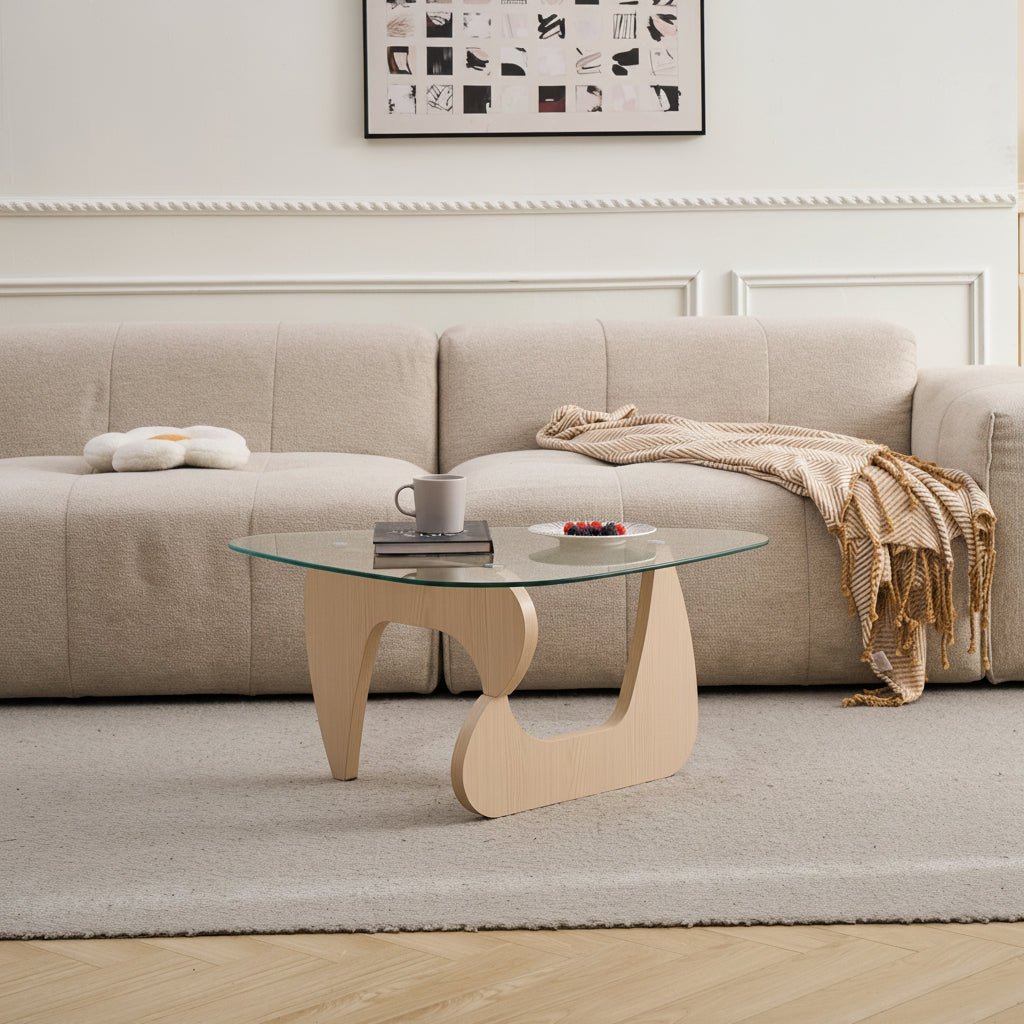Glass Coffee Table with Walnut Brown Mid-Century Wood Base - Image 3
